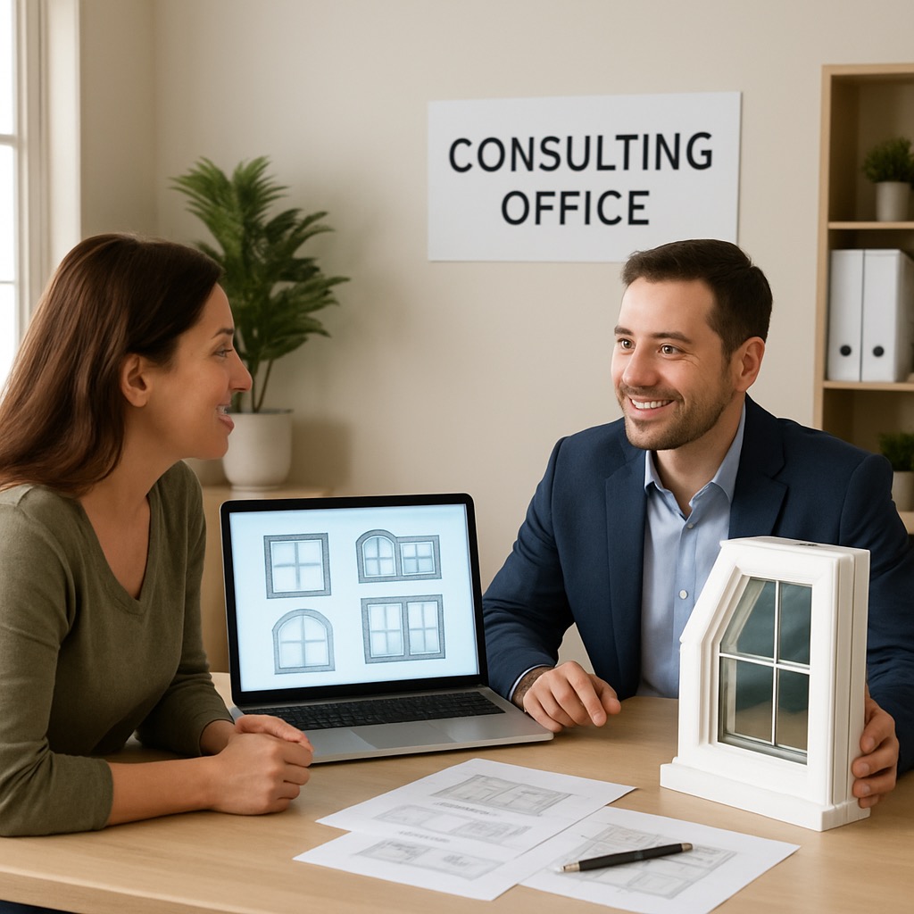 Professional consulting office with homeowner reviewing window designs