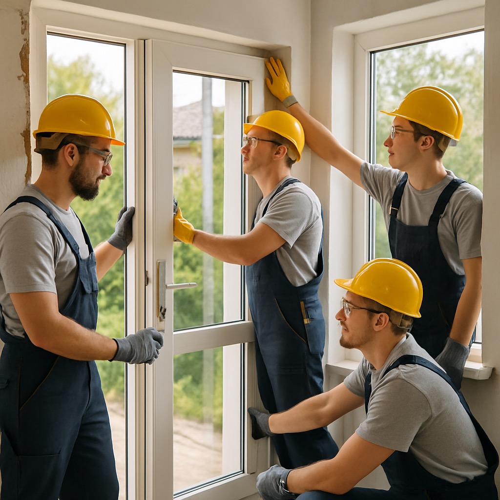 Professional home improvement team installing replacement windows in a residential exterior