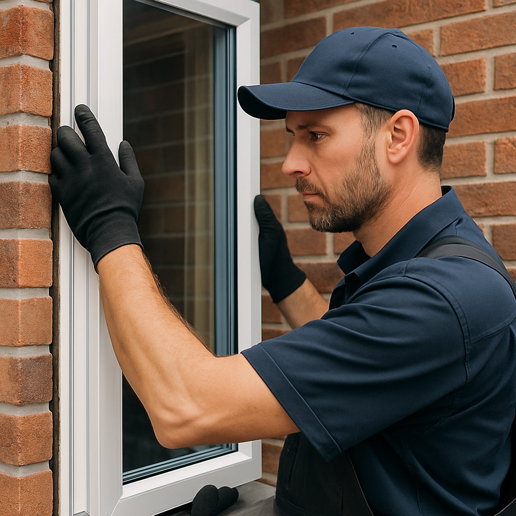 Tradesman installing replacement window in brick house exterior