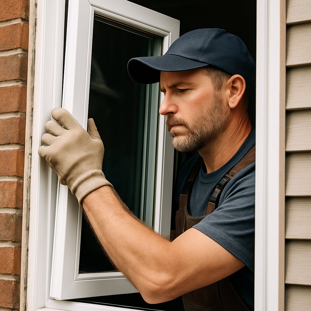 Skilled tradesman carefully installing a new replacement window frame into residential home exterior