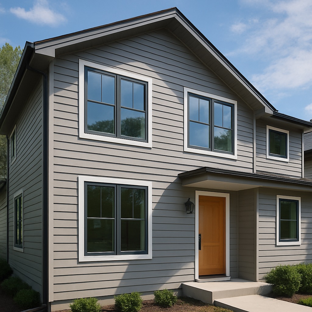 Residential home exterior with new energy-efficient vinyl windows