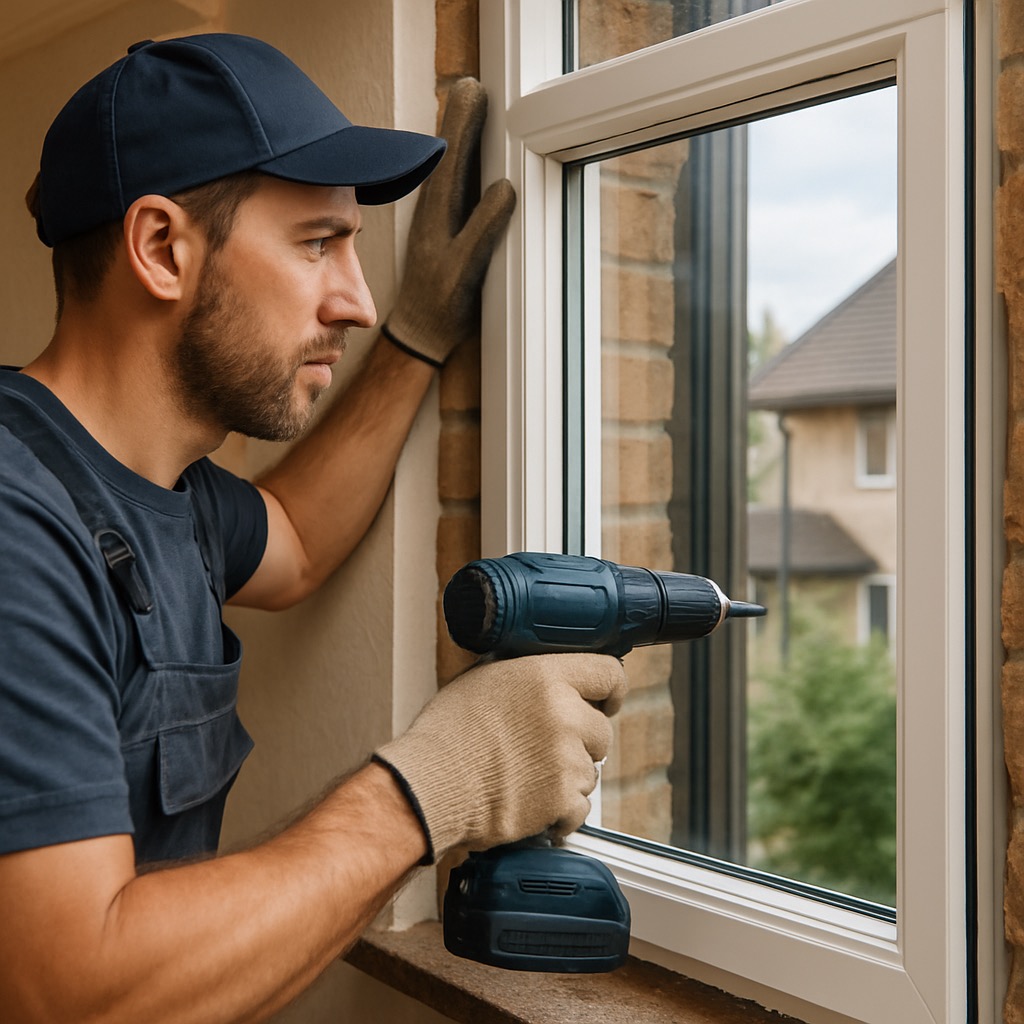Professional contractor carefully installing new window frame with precision tools