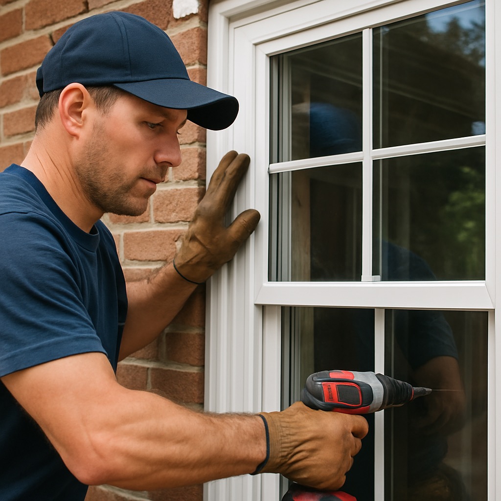 Expert contractor demonstrating window repair technique with precision and professional skill