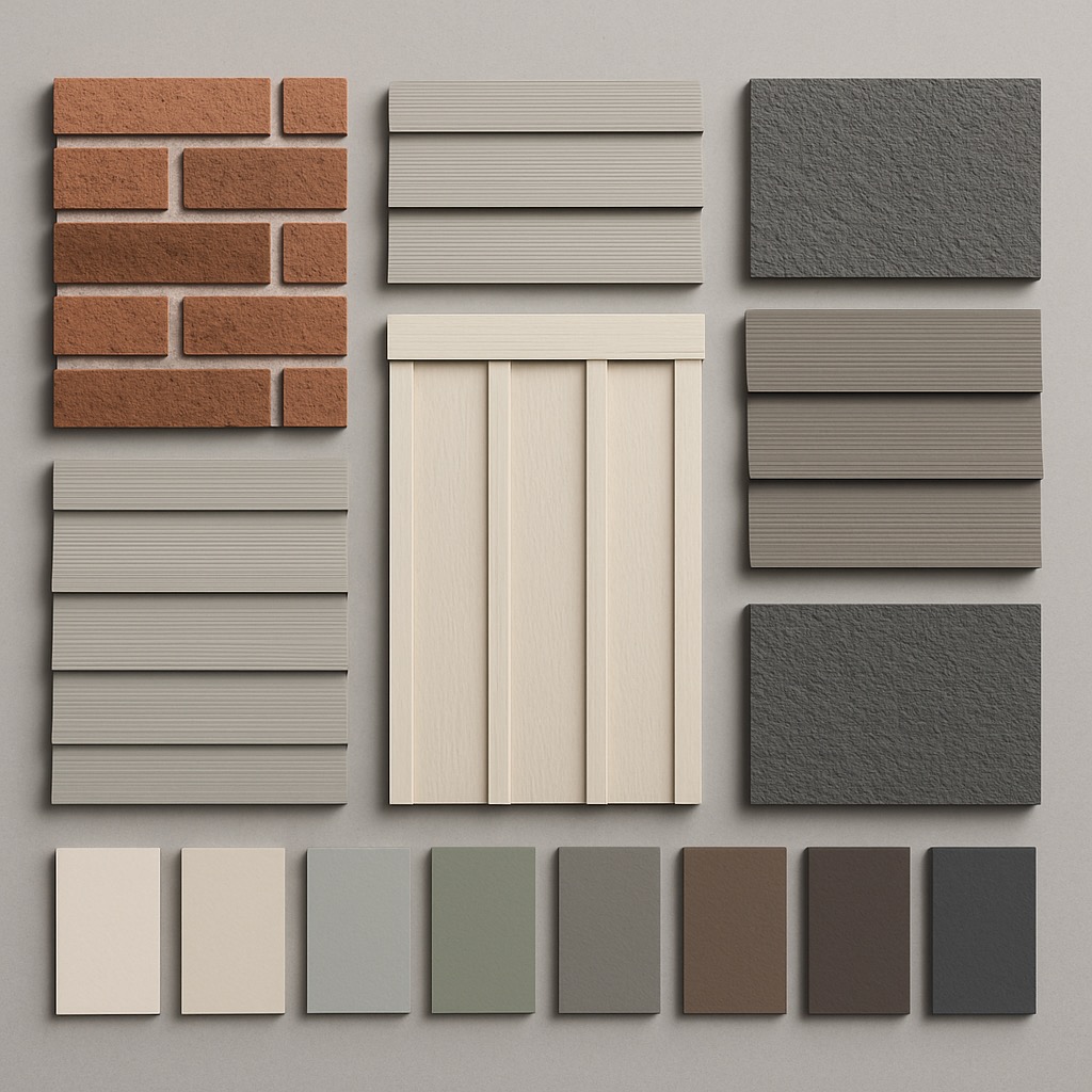Collection of modern siding material options and color samples displayed professionally showing durability and aesthetic appeal