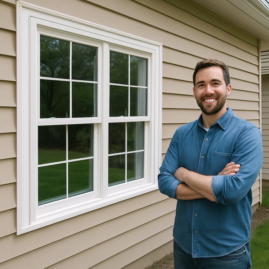 Happy homeowner standing beside beautiful new window installation showcasing successful transformation in residential home