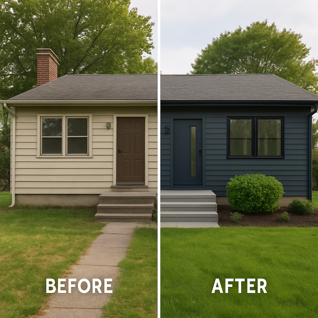 Before and after split-screen comparison showing dramatic home renovation transformation with modern siding and windows